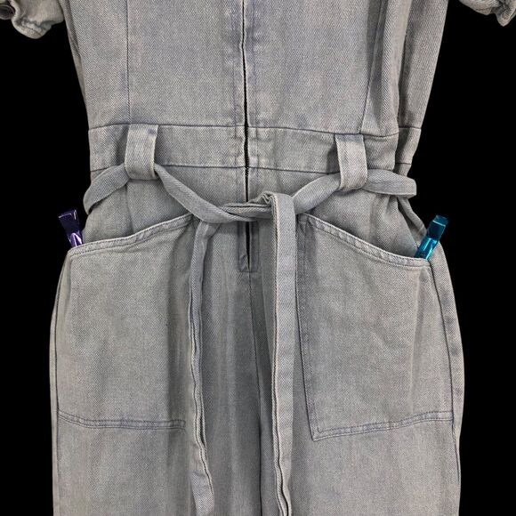 Vintage 80s-90s-Y2K Style Zip Up Denim Jumpsuit w/Puff Elastic Sleeves, belted S - Picture 5 of 12